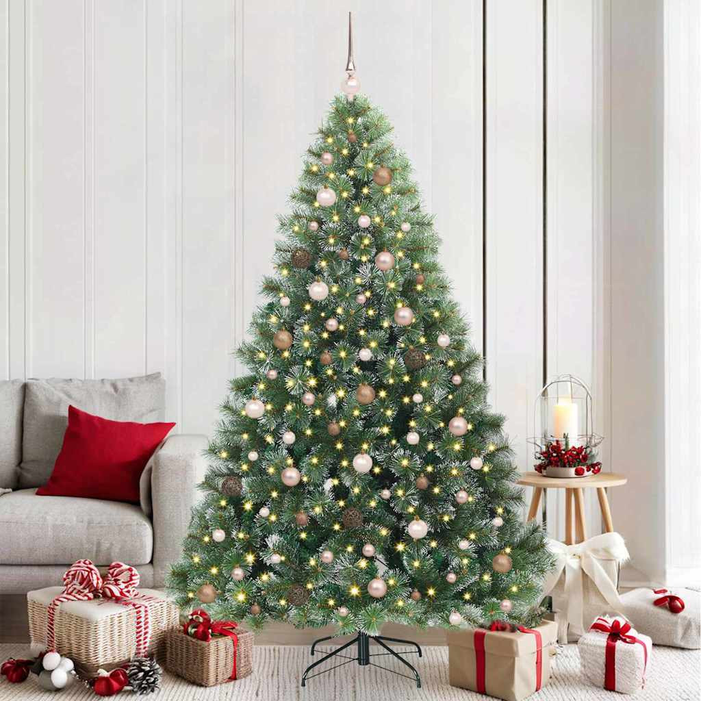Műkarácsonyfa gömbdíszekkel, 210 cm, zöld, 300 LED, meleg fehér fény