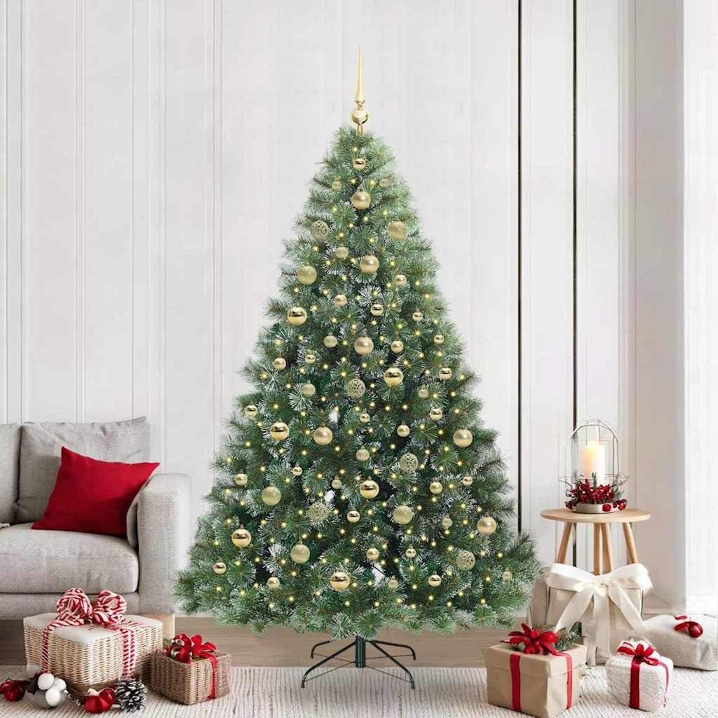 Műkarácsonyfa gömbdíszekkel, 210 cm, zöld, 300 LED, meleg fehér fény