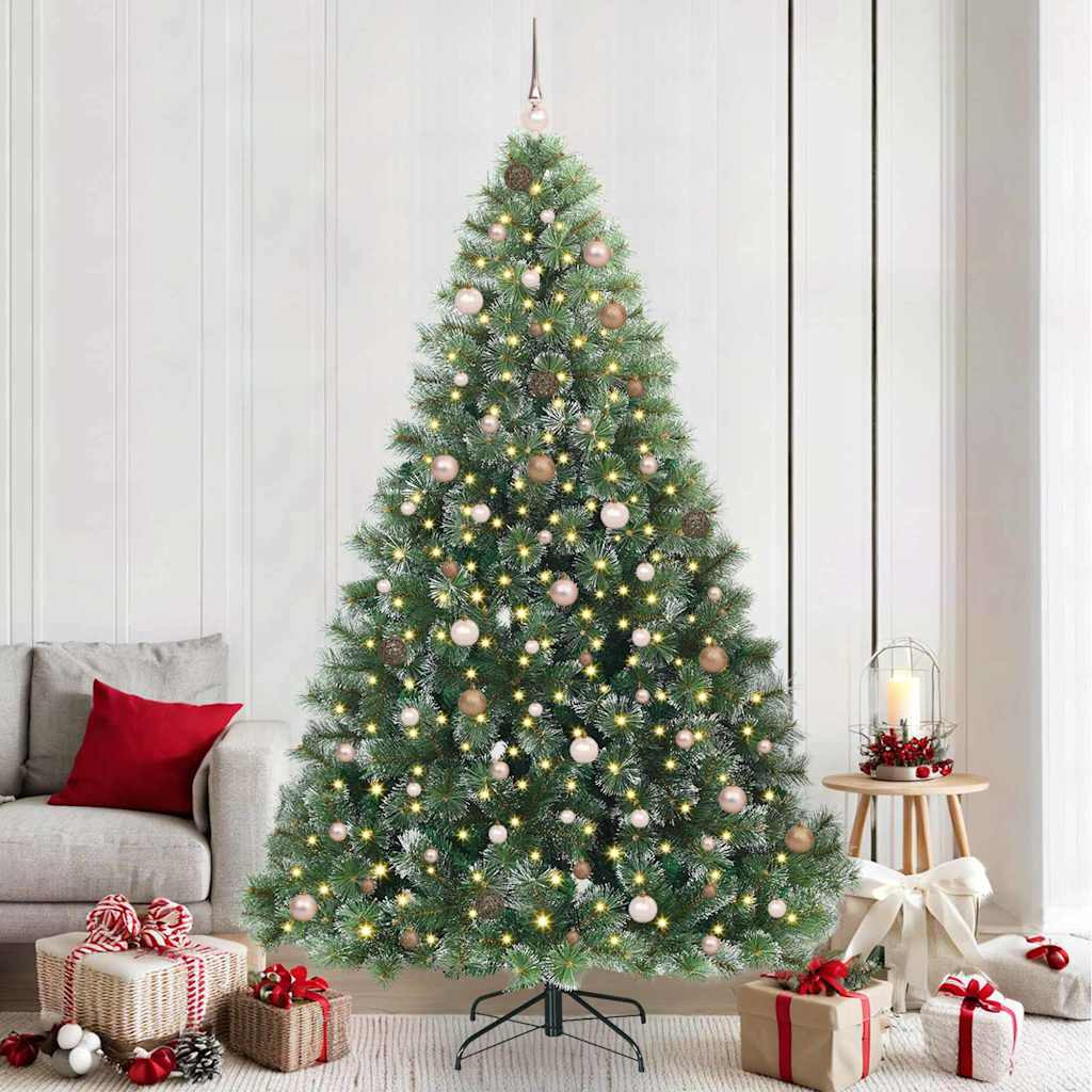Műkarácsonyfa gömbdíszekkel, 240 cm, zöld, 300 LED, meleg fehér fény