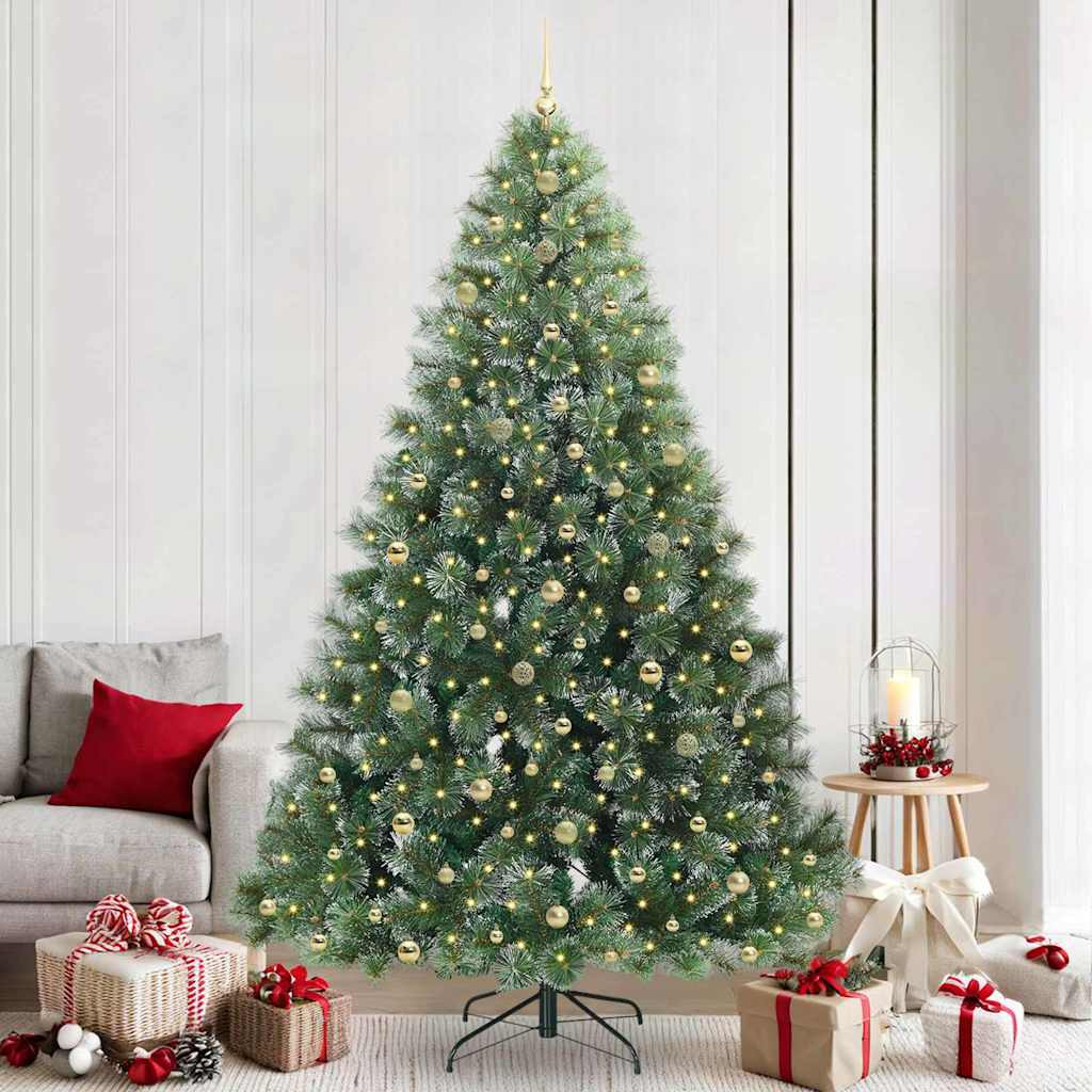 Műkarácsonyfa gömbdíszekkel, 240 cm, zöld, 300 LED, meleg fehér fény
