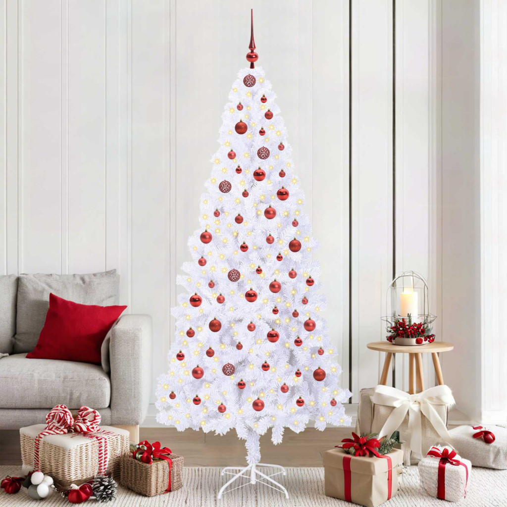 Műkarácsonyfa, 210 cm, fehér, 300 LED, piros fény