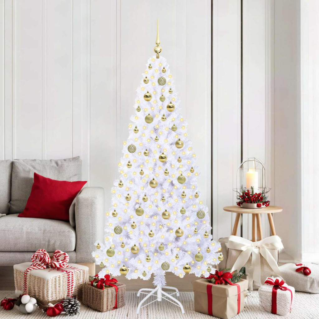 Műkarácsonyfa, 180 cm, fehér, 300 LED, arany fény, 930 ágvég