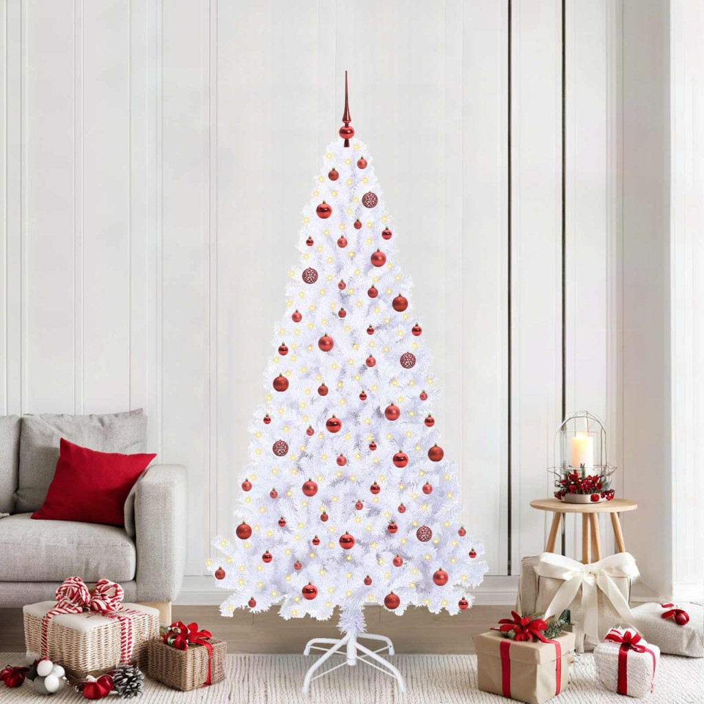 Műkarácsonyfa, 210 cm, fehér, 300 LED, piros fény