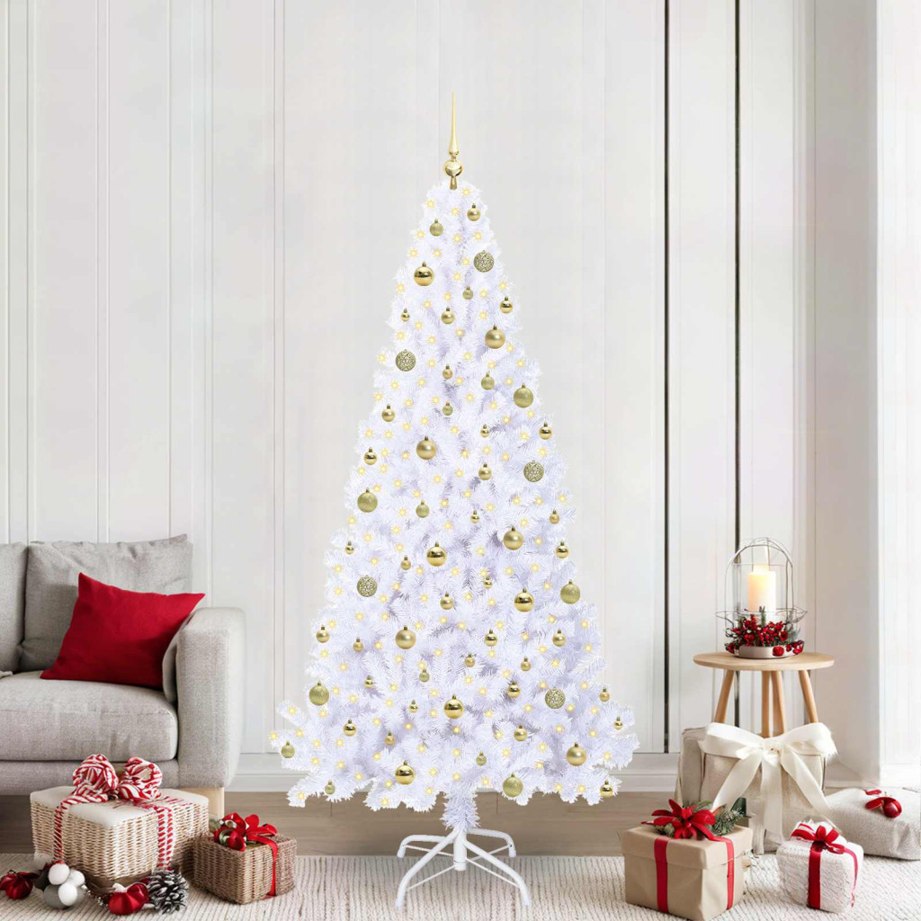 Műkarácsonyfa, 210 cm, fehér, 300 LED, arany fény