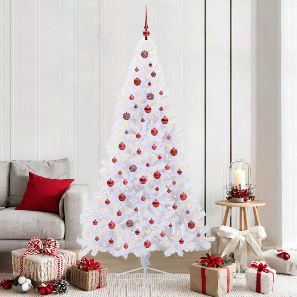 Műkarácsonyfa, 210 cm, fehér, 300 LED, piros fény