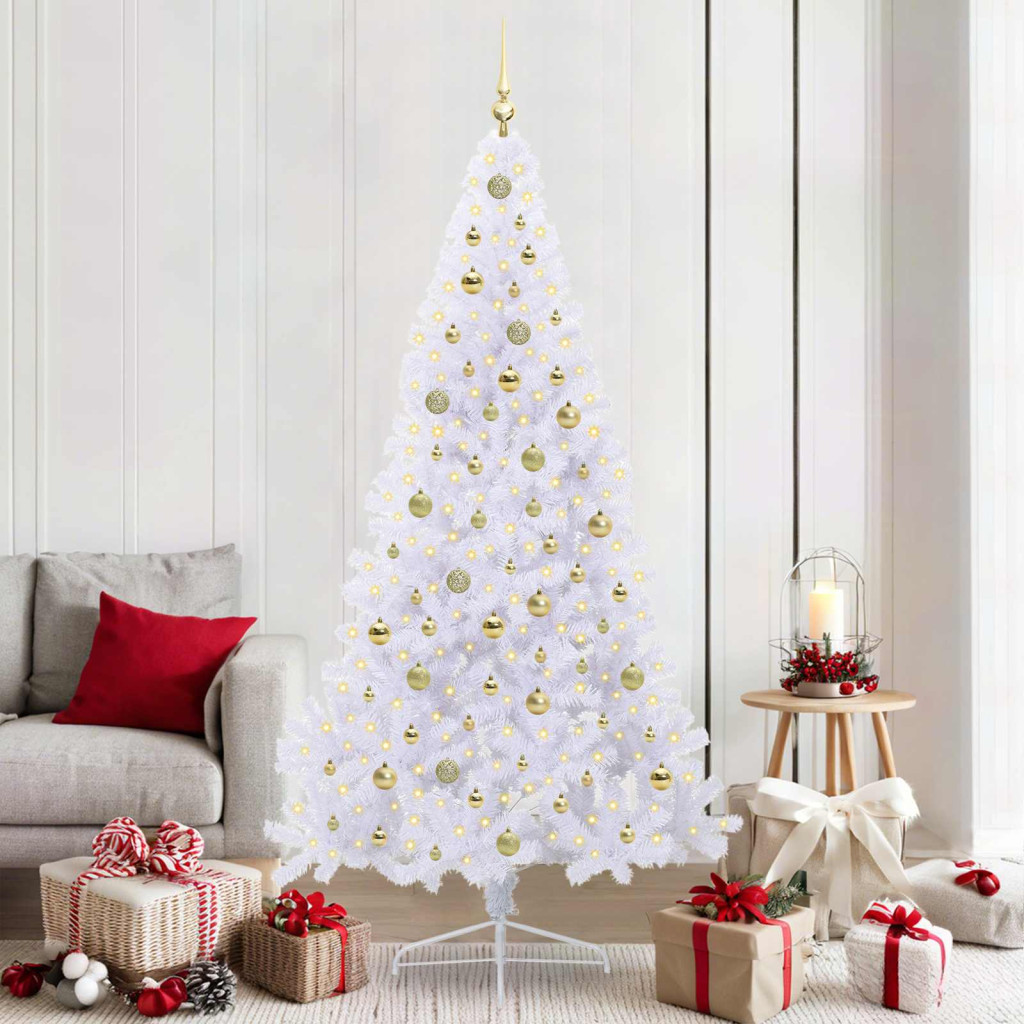 Műkarácsonyfa, 210 cm, fehér, 300 LED, arany fény, 605 ágvég