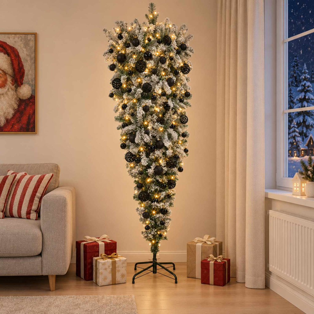 Fejjel lefelé álló műkarácsonyfa gömbdíszekkel, 110 × 210 cm, zöld és fehér, 300 LED, meleg fehér fény