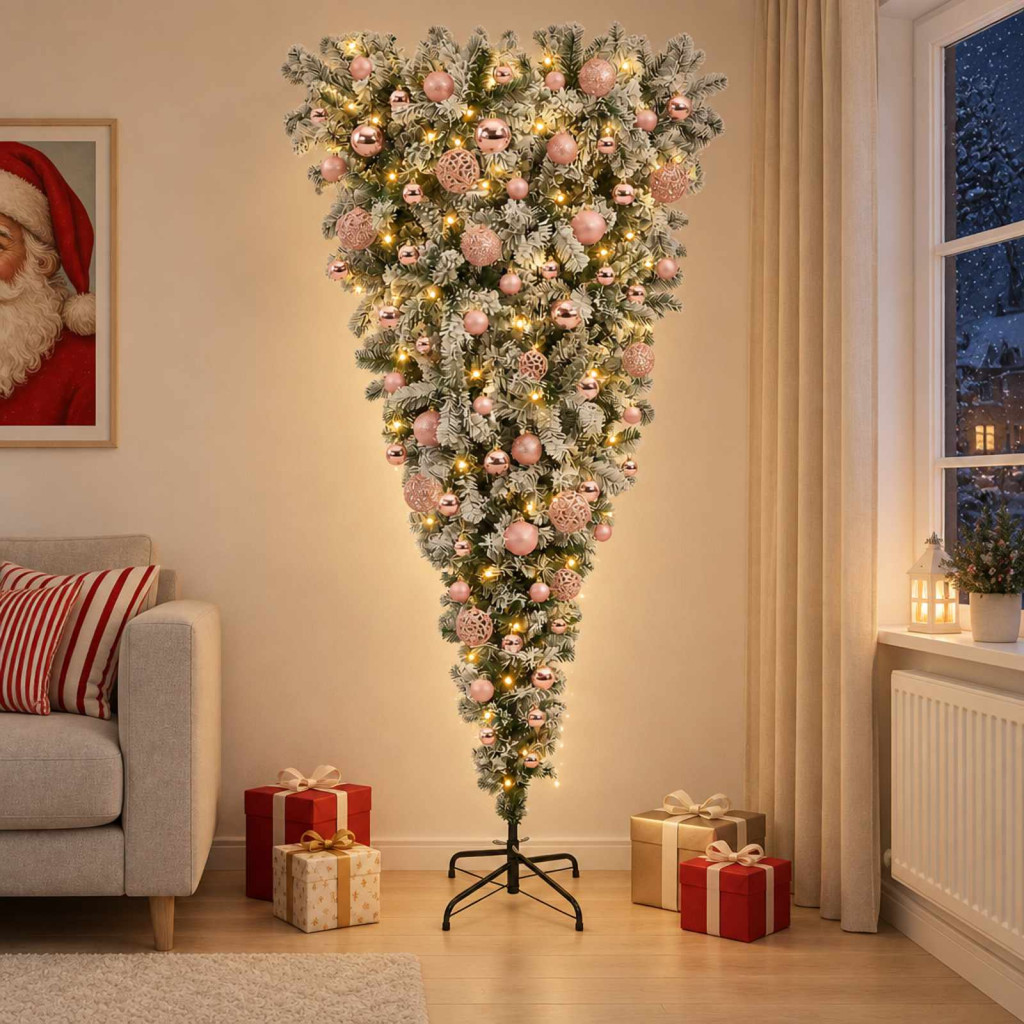 Fejjel lefelé álló műkarácsonyfa gömbdíszekkel, 110 × 210 cm, zöld és fehér, 300 LED, meleg fehér fény