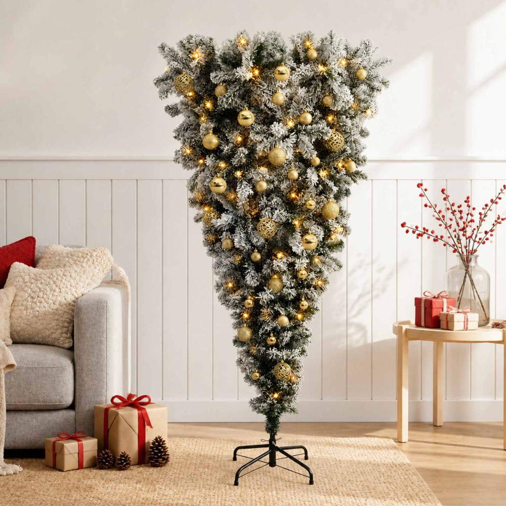 Fejjel lefelé álló műkarácsonyfa gömbdíszekkel, 65 × 120 cm, zöld és fehér, 150 LED, meleg fehér fény