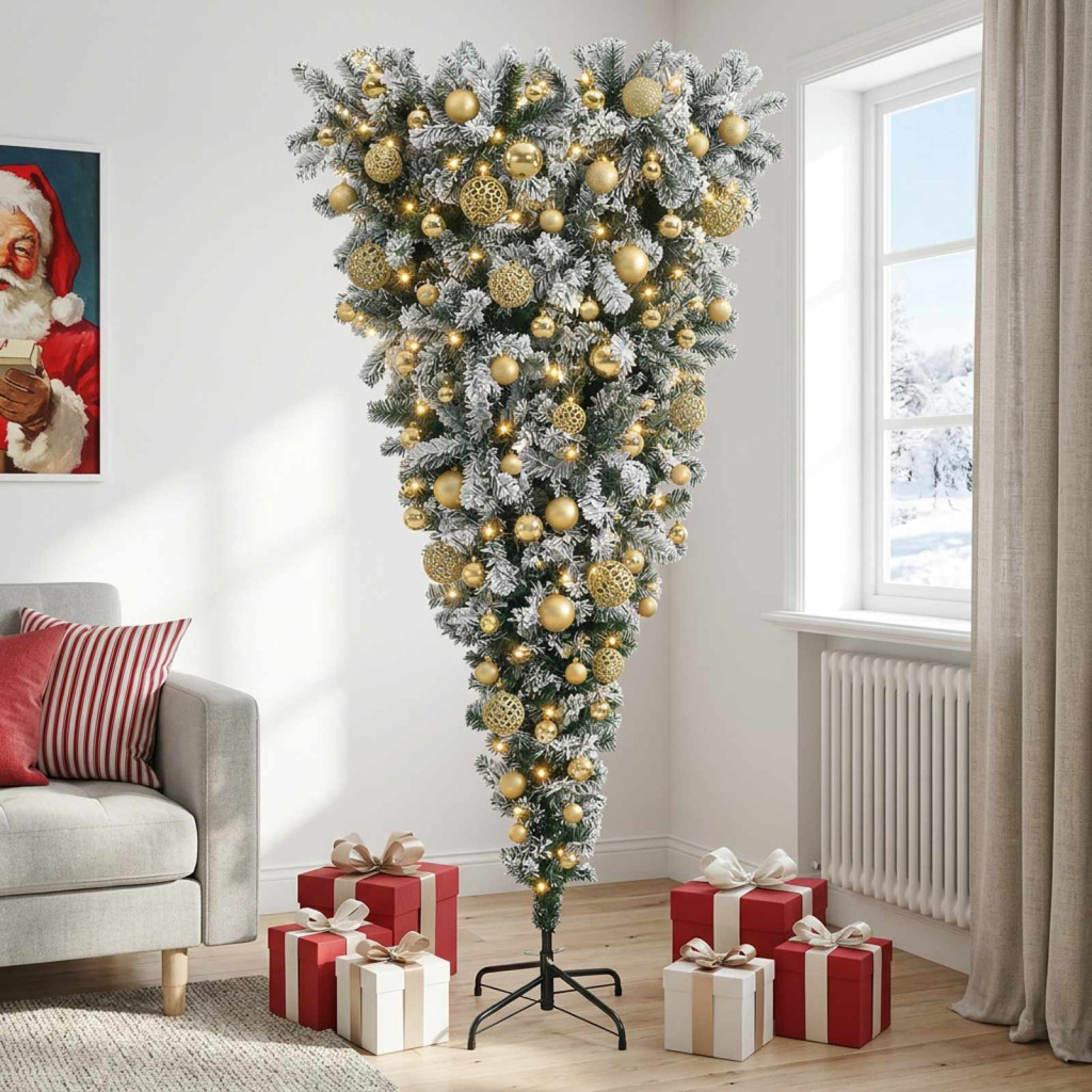 Fejjel lefelé álló műkarácsonyfa gömbdíszekkel, 110 × 210 cm, zöld és fehér, 300 LED, meleg fehér fény