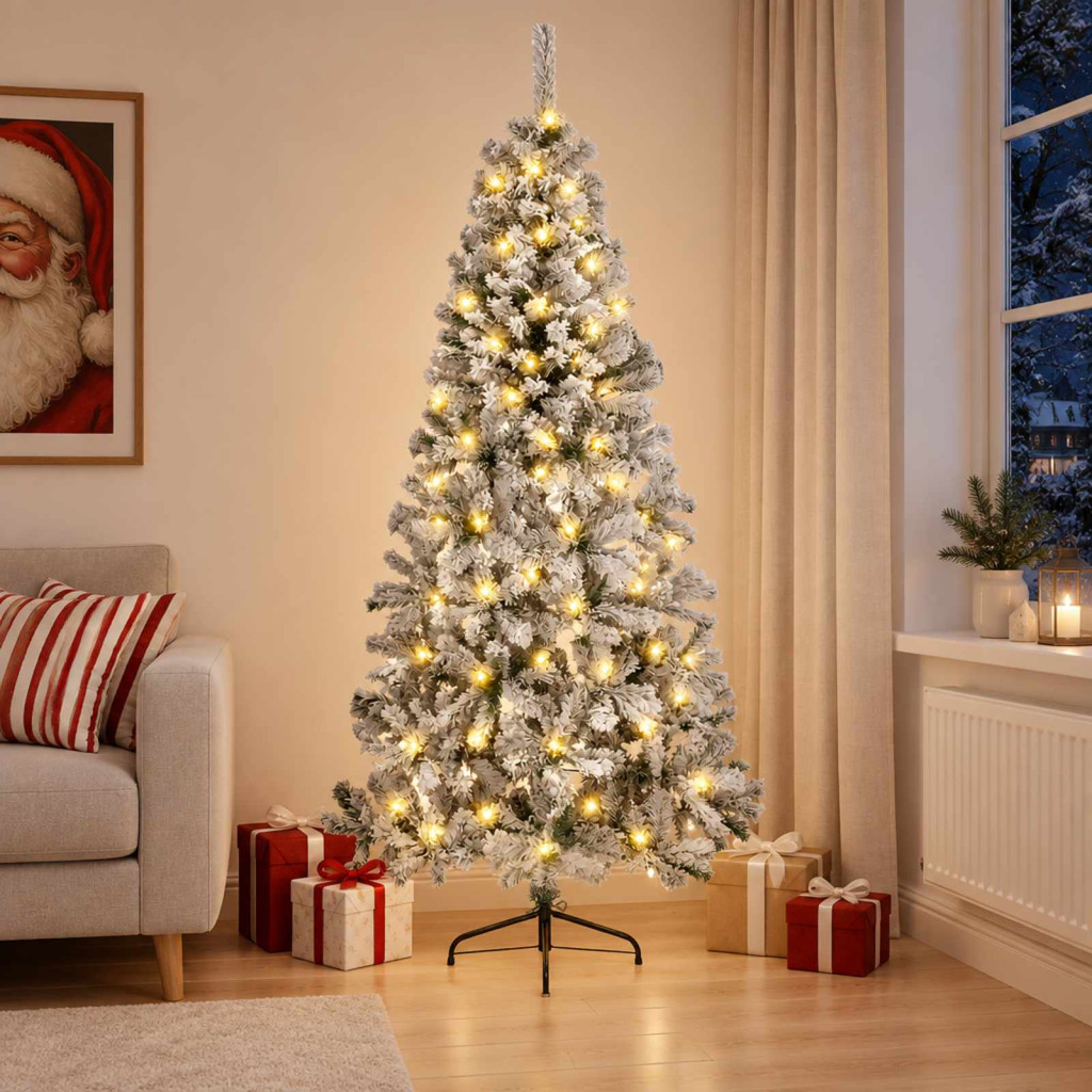 Műkarácsonyfa, 65 × 32,5 × 120 cm, zöld és fehér, 150 LED, meleg fehér