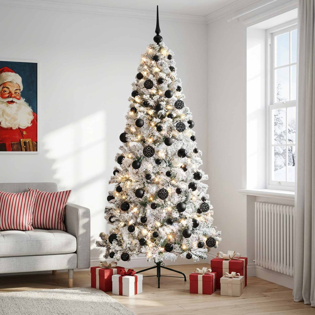 Műkarácsonyfa, 210 cm, zöld és fehér, 300 LED, meleg fehér