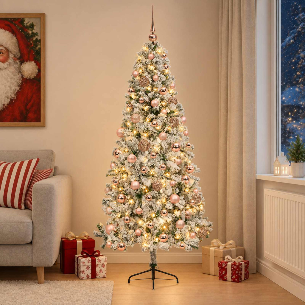 Műkarácsonyfa gömbdíszekkel, 90 × 45 × 180 cm, zöld és fehér, 300 LED, meleg fehér fény