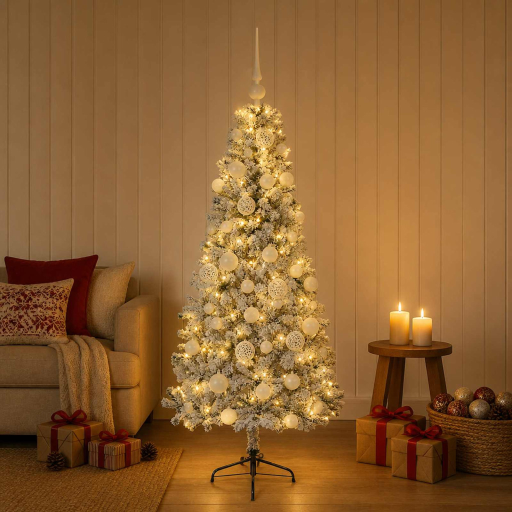 Műkarácsonyfa gömbdíszekkel, 65 × 32.5 × 120 cm, zöld és fehér, 150 LED, meleg fehér