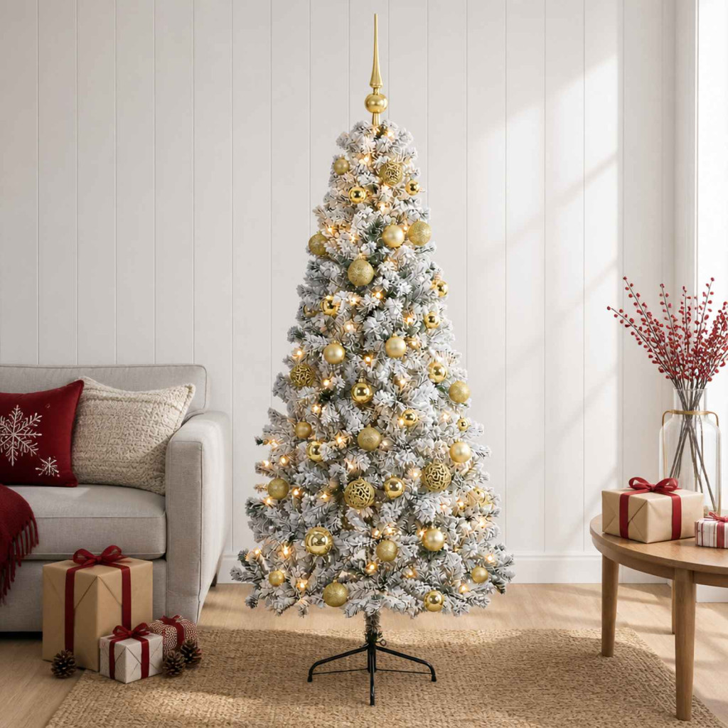 Műkarácsonyfa gömbdíszekkel, 65 × 32.5 × 120 cm, zöld és fehér, 150 LED, meleg fehér