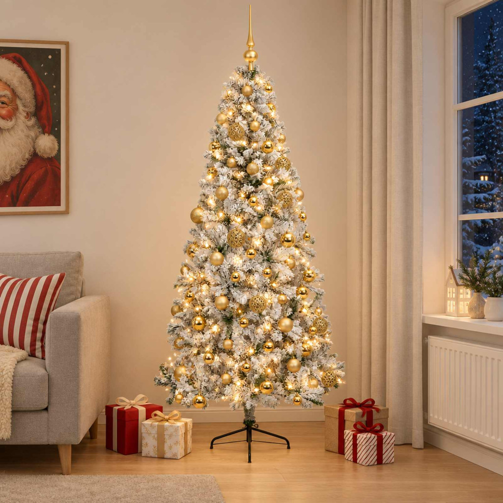 Műkarácsonyfa gömbdíszekkel, 120 × 60 × 240 cm, zöld és fehér, 300 LED, meleg fehér fény