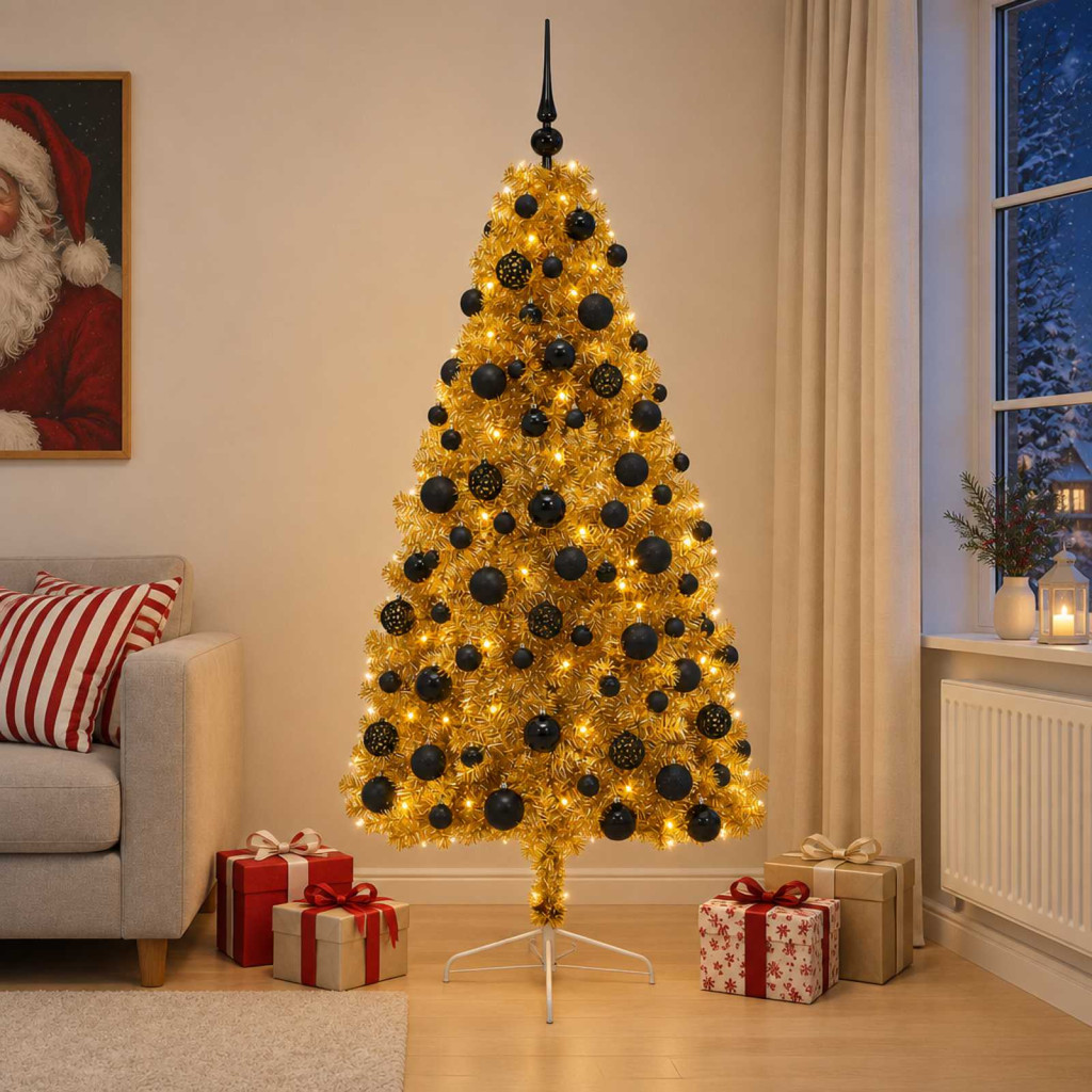 Műkarácsonyfa gömbdíszekkel, 110 × 55 × 210 cm, arany, 300 LED, meleg fehér fény