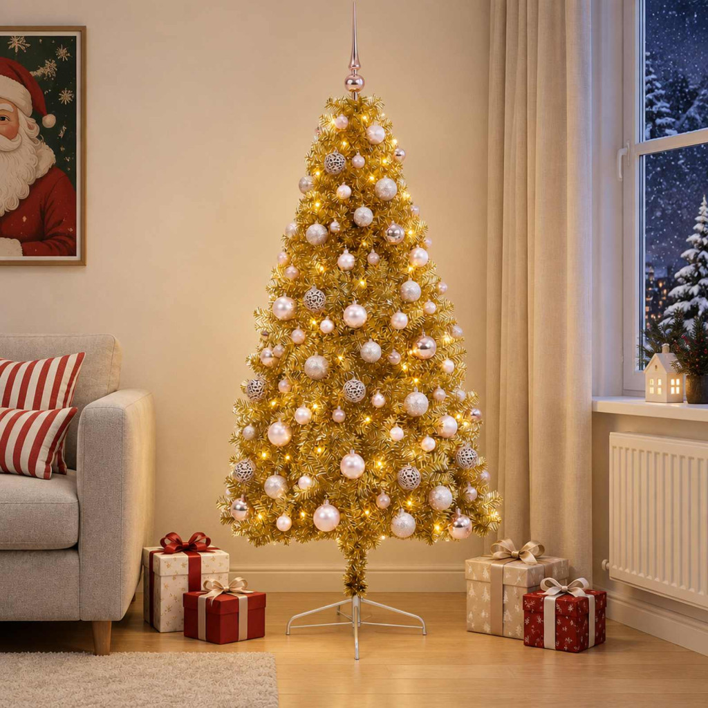 Műkarácsonyfa gömbdíszekkel, 90 × 45 × 180 cm, arany, 300 LED, meleg fehér fény