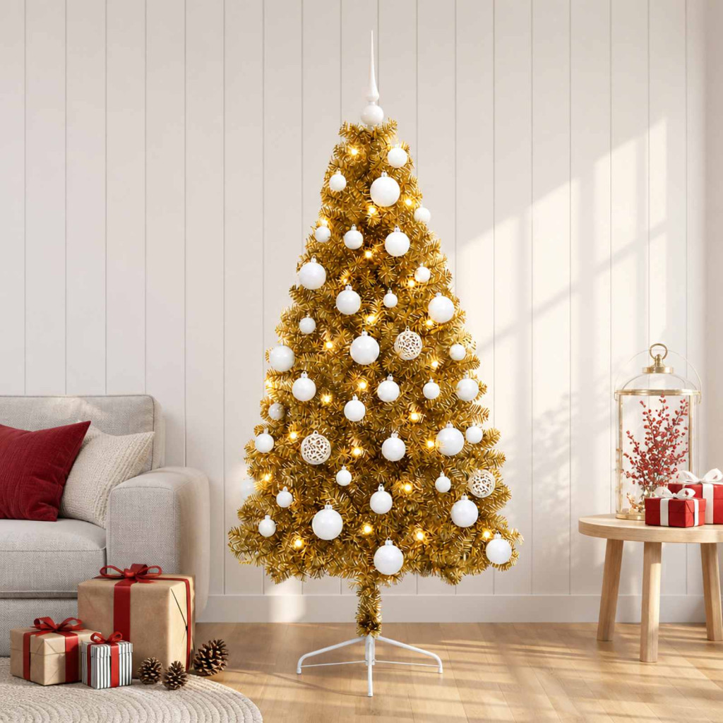 Műkarácsonyfa gömbdíszekkel, 65 × 32.5 × 120 cm, arany, 150 LED, meleg fehér fény