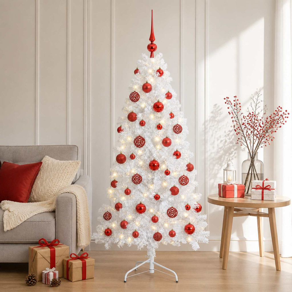 Zsanéros műkarácsonyfa gömbdíszekkel, 45 × 150 cm, fehér, 150 LED, meleg fehér fény, 230 ágvég