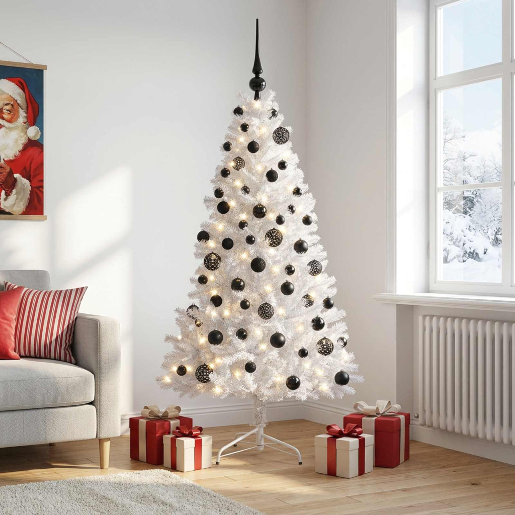 Műkarácsonyfa gömbdíszekkel, 60 × 240 cm, fehér, 300 LED, meleg fehér fény, 775 ágvég