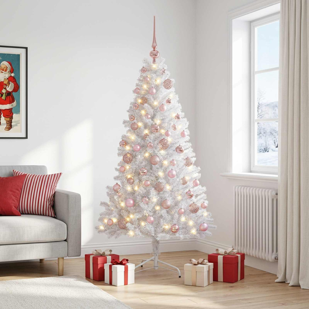 Műkarácsonyfa gömbdíszekkel, 60 × 240 cm, fehér, 300 LED, meleg fehér fény, 775 ágvég