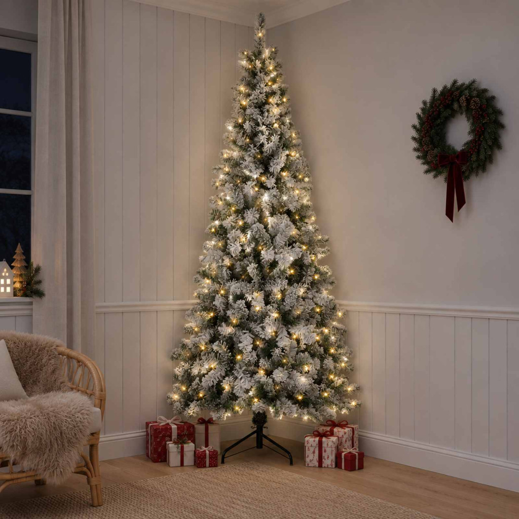 Műkarácsonyfa, 240 cm, zöld és fehér, 300 LED, meleg fehér