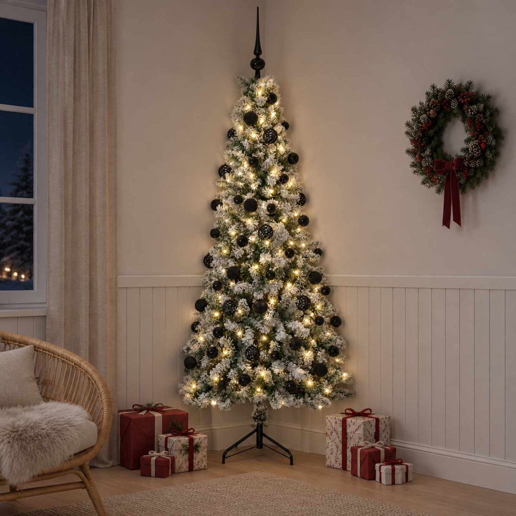 Műkarácsonyfa gömbdíszekkel, 55 × 210 cm, zöld és fehér, 300 LED, meleg fehér fény