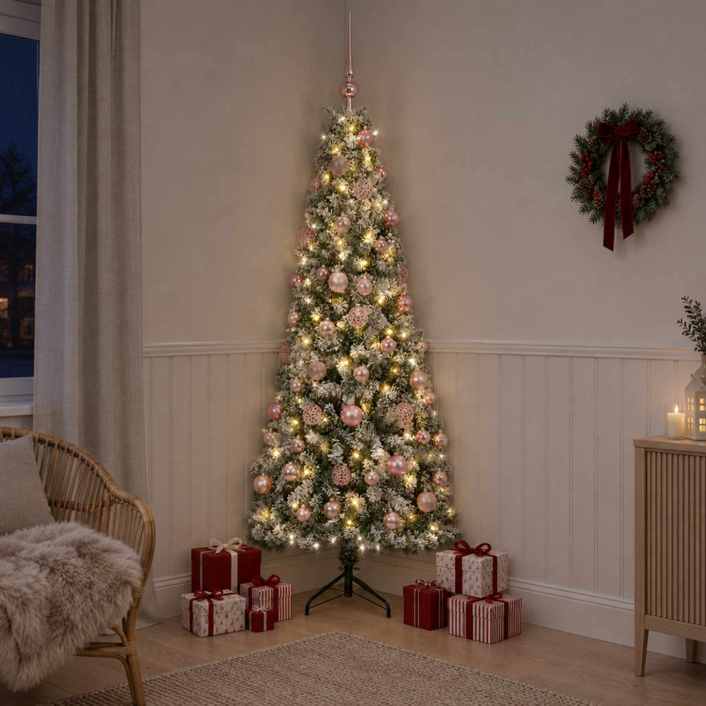 Műkarácsonyfa gömbdíszekkel, 55 × 210 cm, zöld és fehér, 300 LED, meleg fehér fény