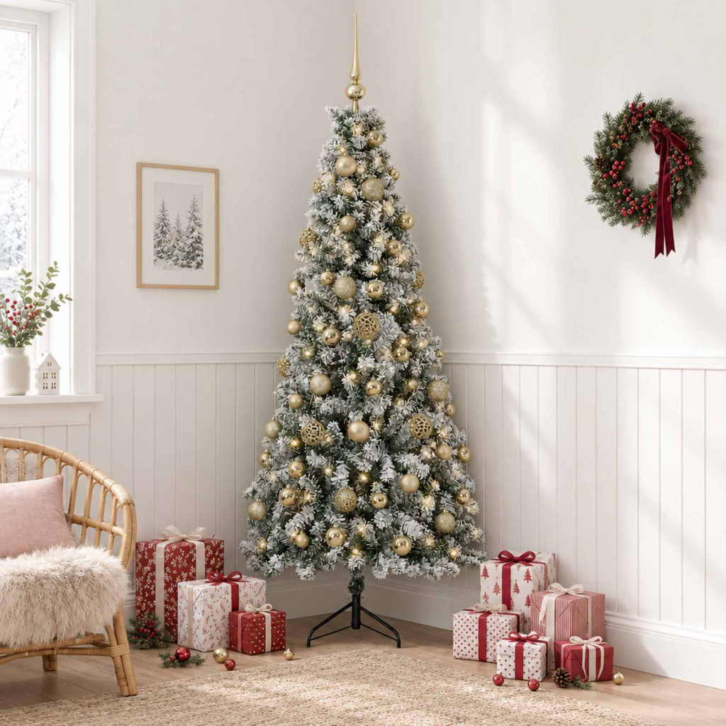 Műkarácsonyfa gömbdíszekkel, 55 × 210 cm, zöld és fehér, 300 LED, meleg fehér fény