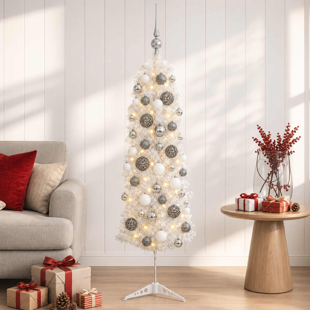 Karcsú műkarácsonyfa gömbdíszekkel, 43 × 150 cm, fehér, 150 LED, meleg fehér fény