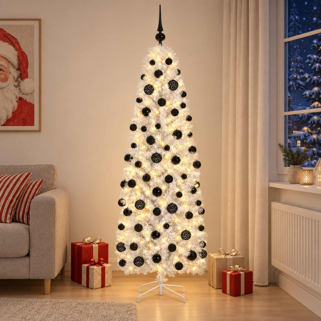 Karcsú műkarácsonyfa, 180 cm, fehér, 300 LED, meleg fehér
