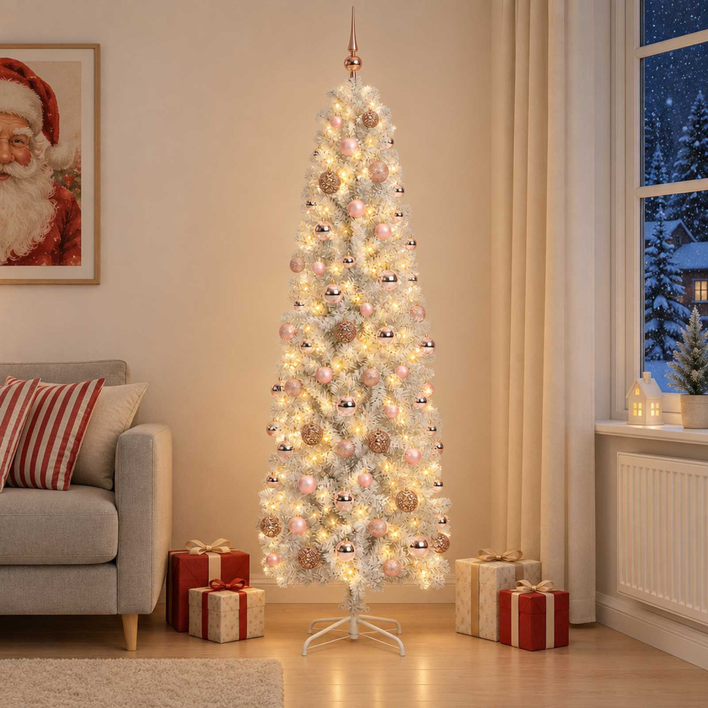 Karcsú műkarácsonyfa, 240 cm, fehér, 300 LED, meleg fehér