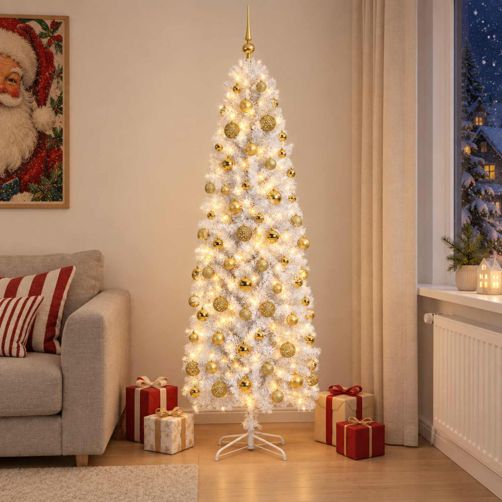 Karcsú műkarácsonyfa gömbdíszekkel, 61 × 240 cm, fehér, 300 LED, meleg fehér fény