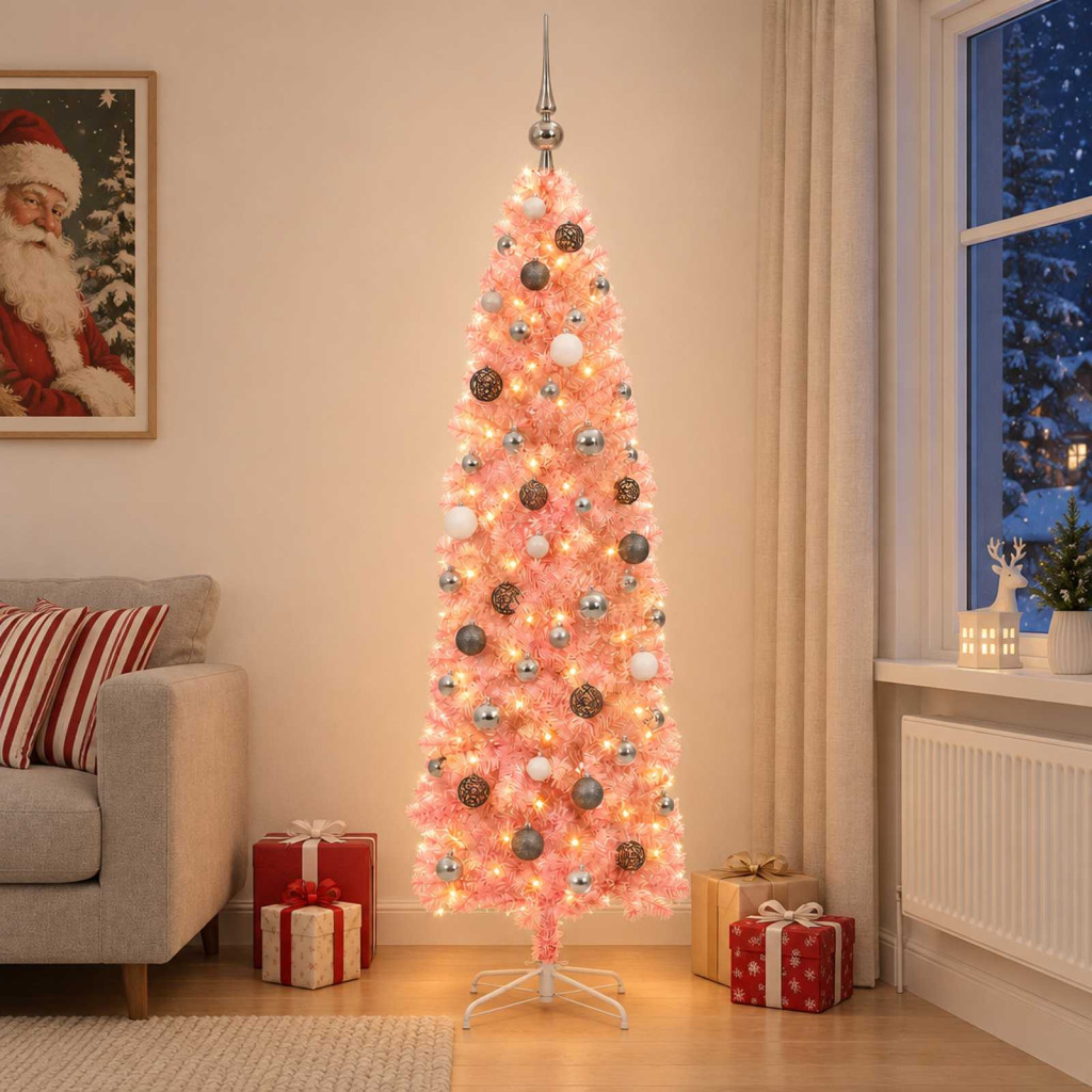 Karcsú műkarácsonyfa gömbdíszekkel, 61 × 240 cm, rózsaszín, 300 LED, meleg fehér fény