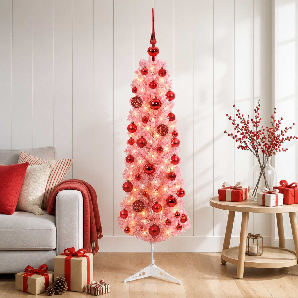 Keskeny műkarácsonyfa díszgömbökkel 120 cm 150 LED Meleg fehér