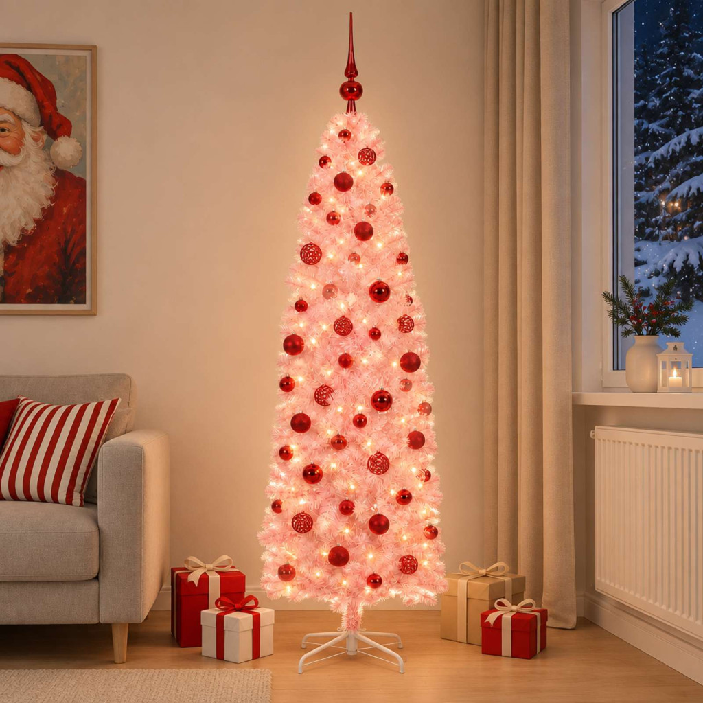 Karcsú műkarácsonyfa gömbdíszekkel, 61 × 240 cm, rózsaszín, 300 LED, meleg fehér fény, 486 pvc ágvég