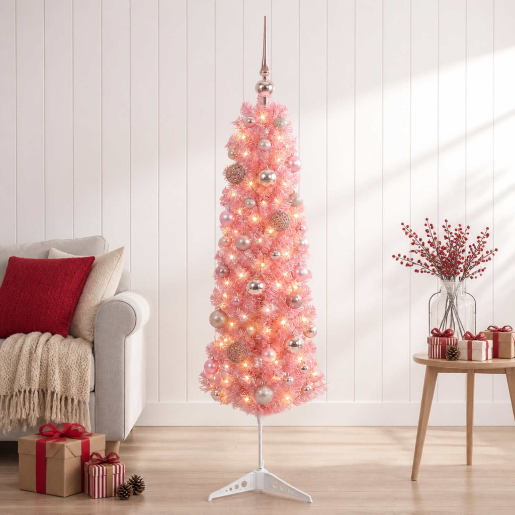 Karcsú műkarácsonyfa gömbökkel 150 cm 150 LED Meleg fehér