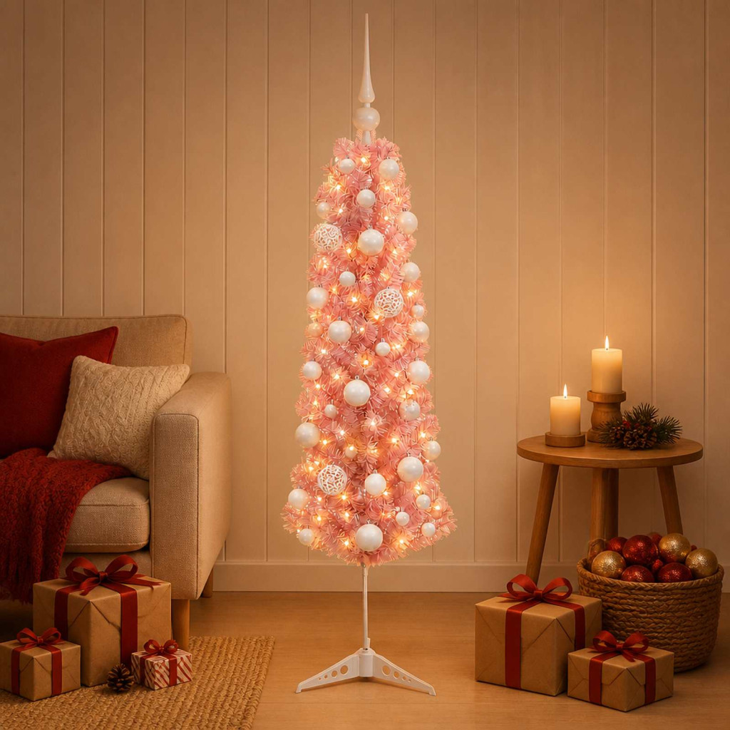 Karcsú műkarácsonyfa gömbökkel 150 cm 150 LED Meleg fehér