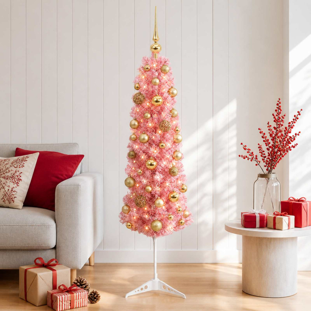 Karcsú műkarácsonyfa gömbökkel 150 cm 150 LED Meleg fehér