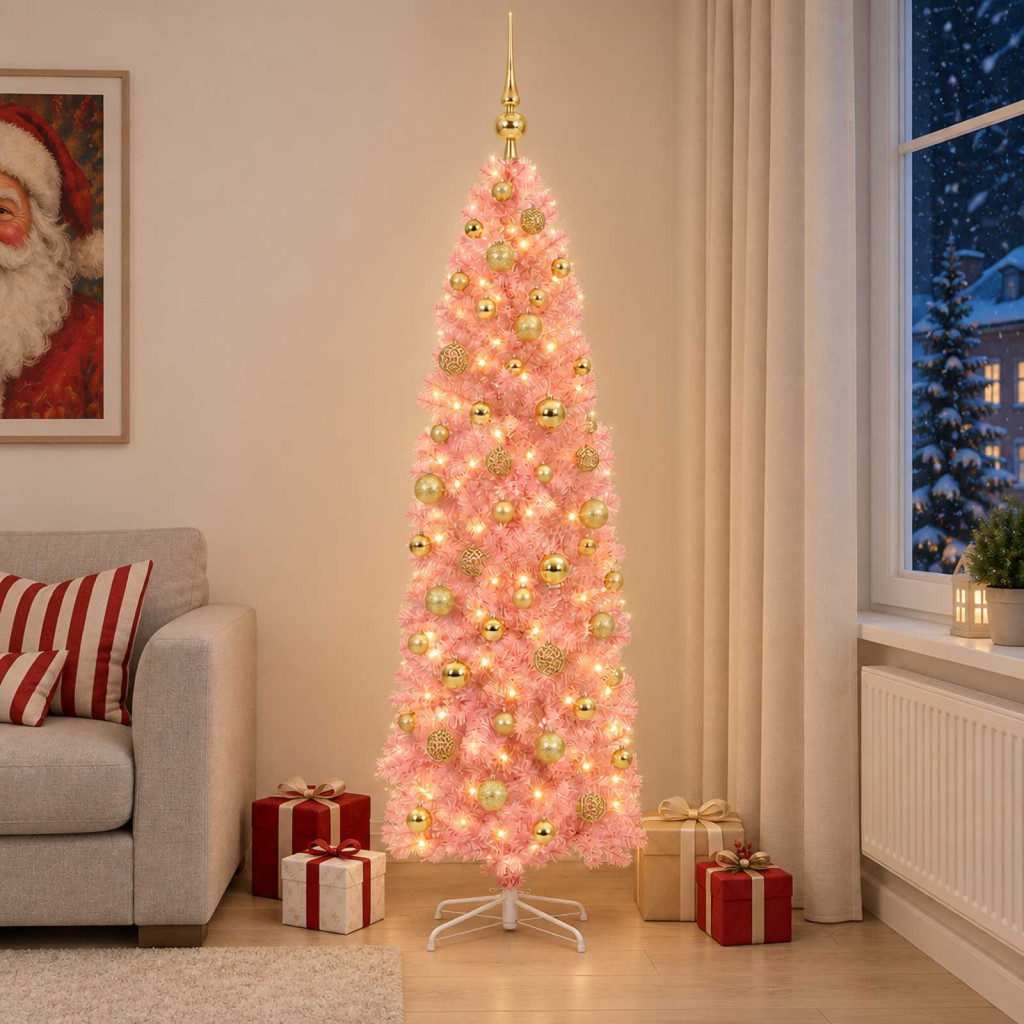 Karcsú műkarácsonyfa gömbdíszekkel, 48 × 180 cm, rózsaszín, 300 LED, meleg fehér fény