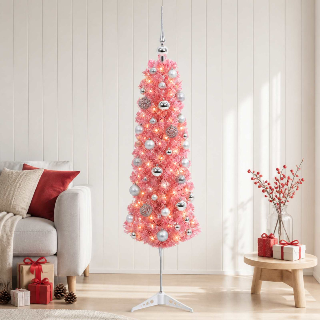 Karcsú műkarácsonyfa gömbökkel 150 cm 150 LED Meleg fehér