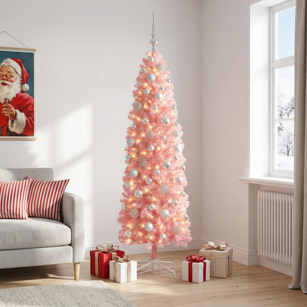 Karcsú műkarácsonyfa gömbdíszekkel, 61 × 240 cm, rózsaszín, 300 LED, meleg fehér fény, 486 pvc ágvég
