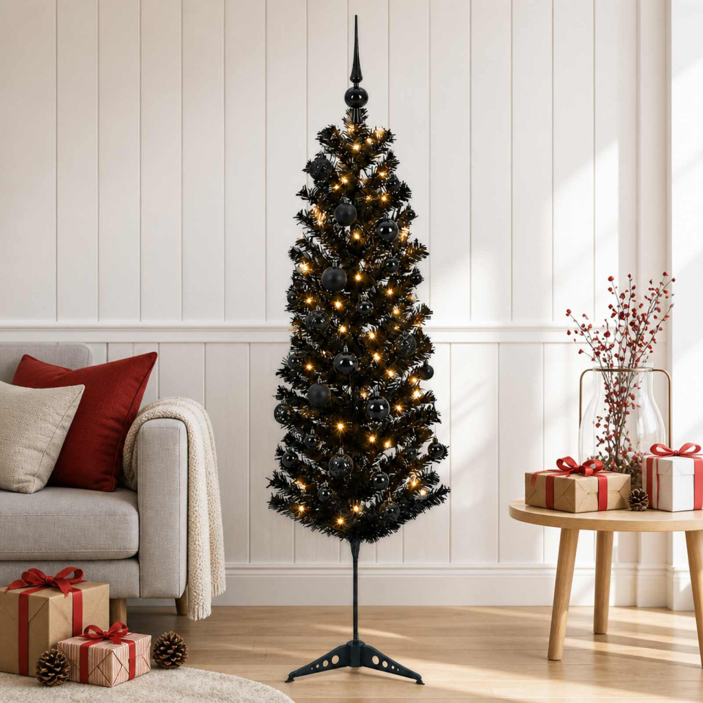 Karcsú műkarácsonyfa gömbökkel 150 cm 150 LED Meleg fehér