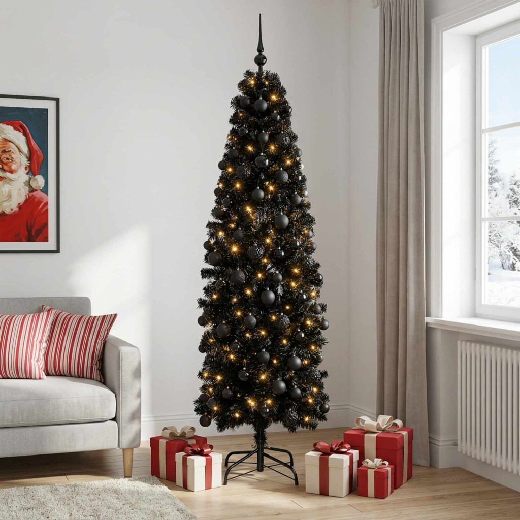 Karcsú műkarácsonyfa gömbökkel 210 cm 300 LED Meleg fehér