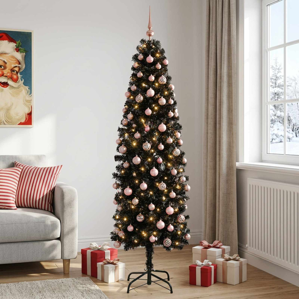 Karcsú műkarácsonyfa gömbökkel 210 cm 300 LED Meleg fehér