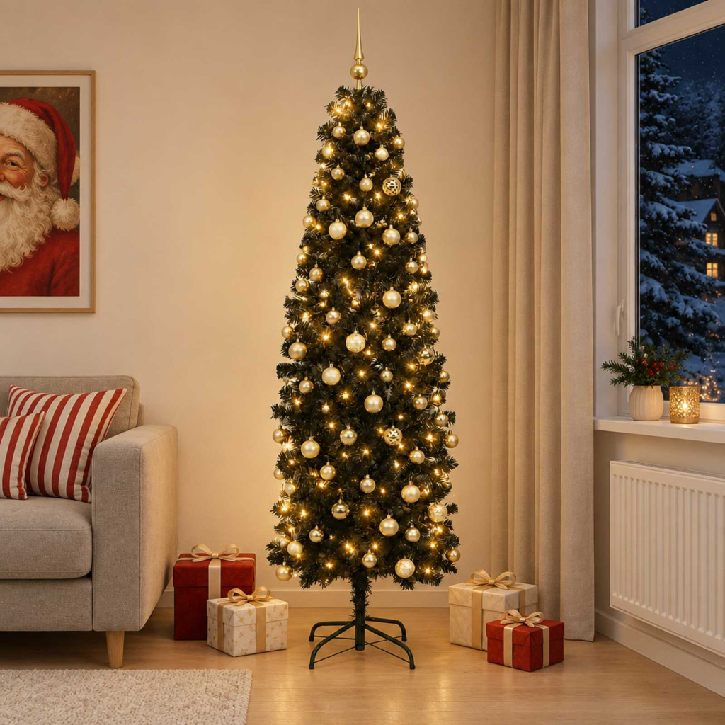 Karcsú műkarácsonyfa gömbdíszekkel, 55 × 210 cm, fekete, 300 LED, meleg fehér fény