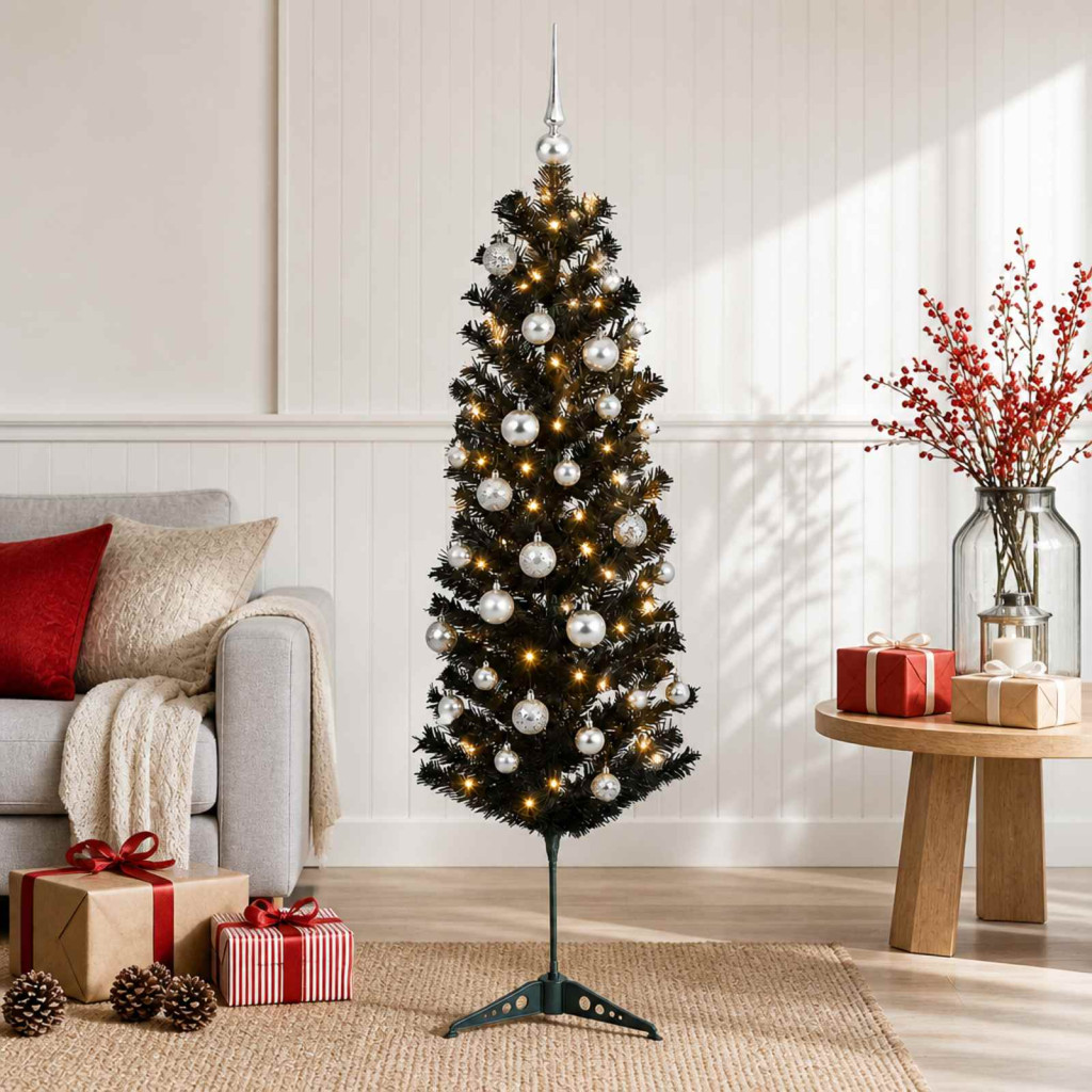 Karcsú műkarácsonyfa gömbökkel 150 cm 150 LED Meleg fehér