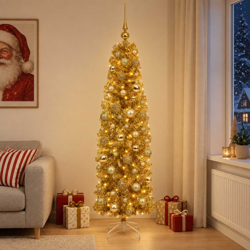 Műkarácsonyfa gömbdíszekkel, 48 × 180 cm, arany, 300 LED, meleg fehér fény
