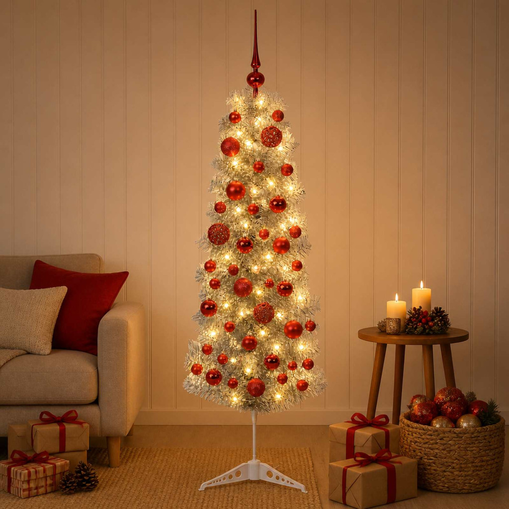Karcsú műkarácsonyfa gömbökkel 150 cm 150 LED Meleg fehér